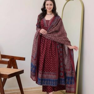 KLOSIA Women's Rayon Printed Anarkali Kurta and Pant with Dupatta Set